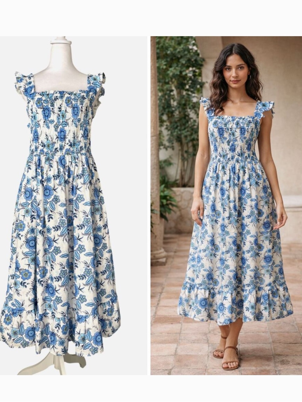 Haute Hippie Blue and White Floral Smocked Midi Dress